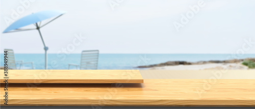 Wood table top and blur Holidays Sea - Sky background with beach.panoramic banner - can be used for display or montage your products.Summer and travel style  - 3d rendering
