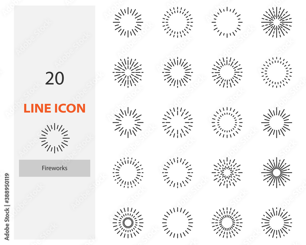 set of firework thin line icons, burst, explosion set of firework thin line icons, burst, explosion