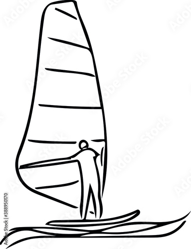 A man goes Windsurfing on the waves. Vector Doodle illustration for greeting cards, summer and tourist design, logos.
