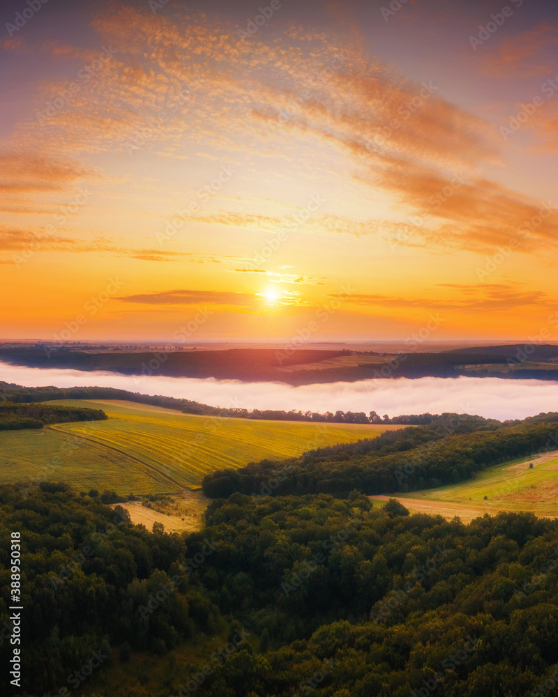 Attractive top view on rural landscape at dawn.