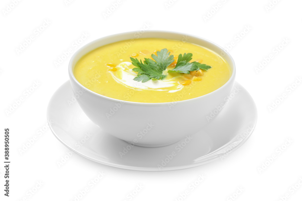Delicious creamy corn soup isolated on white Delicious creamy corn soup isolated on white