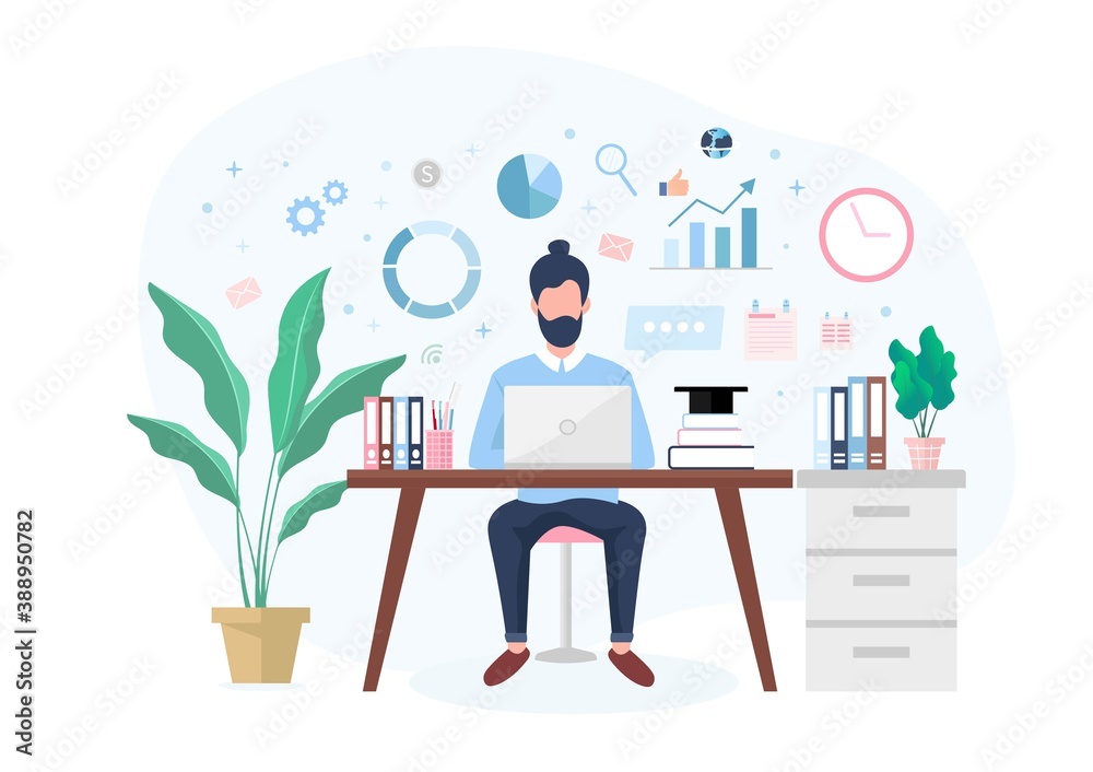 Man working on laptop at home or home office vector Flat illustration concept design, Freelance or blogger Working From home and Study at home concept.