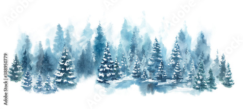 Watercolor Blue winter landscape of foggy forest hill. Wild nature, frozen, misty, taiga. Horizontal watercolor background. Evergreen coniferous trees.