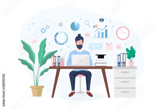 Man working on laptop at home or home office vector Flat illustration concept design, Freelance or blogger Working From home and Study at home concept.