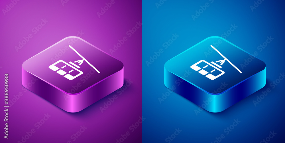 Isometric Cable car icon isolated on blue and purple background. Funicular sign. Square button. Vector. Isometric Cable car icon isolated on blue and purple background. Funicular sign. Square button. Vector.