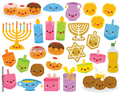 Hanukkah cartoons set. Cute clip art collection of cartoon Hanukkah symbols with smiling faces. 