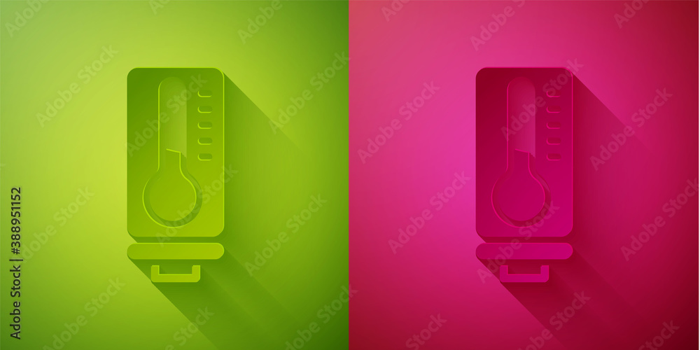 Paper cut Meteorology thermometer measuring heat and cold icon isolated on green and pink background. Thermometer equipment showing hot or cold weather. Paper art style. Vector. Paper cut Meteorology thermometer measuring heat and cold icon isolated on green and pink background. Thermometer equipment showing hot or cold weather. Paper art style. Vector.