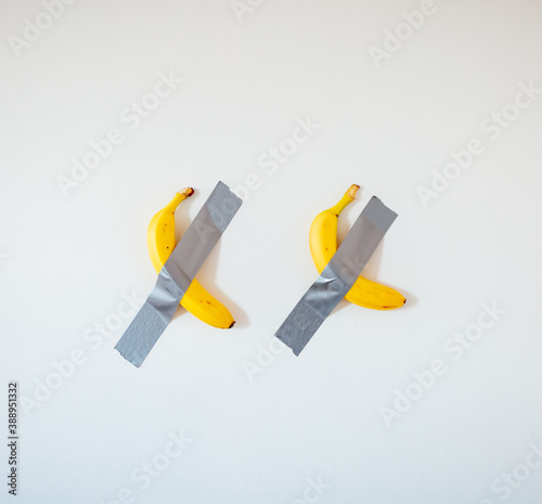 Two bananas taped to the white wall.