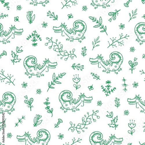 Seamless pattern with cute cartoon dinosaurs and plants on white background. Floral print. Funny dragons in the meadow. Herbal doodle poster.