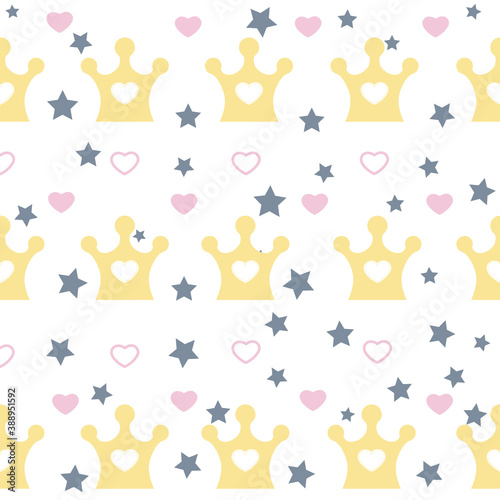 The crown, stars and hearts are repeated. Cute girly seamless pattern drawn by hand. Sketch, wallpaper, doodle. Seamless vector illustration.