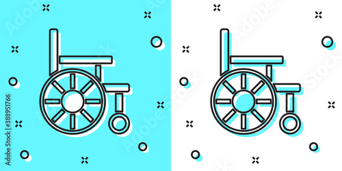 Black line Wheelchair for disabled person icon isolated on green and white background. Random dynamic shapes. Vector.