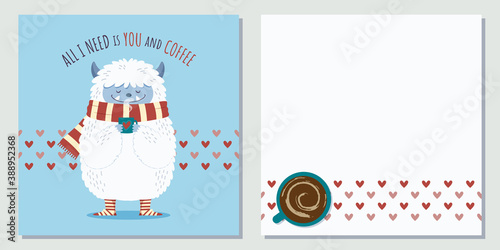Love themed greeting card design featuring cute yeti character and coffee. Designs for card front and inside. Flat vector illustration.