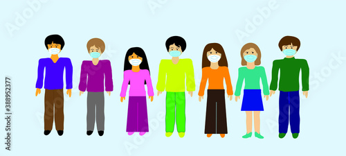 A group of people wearing medical masks to prevent infectious diseases, coronavirus. Modern design in a flat style.