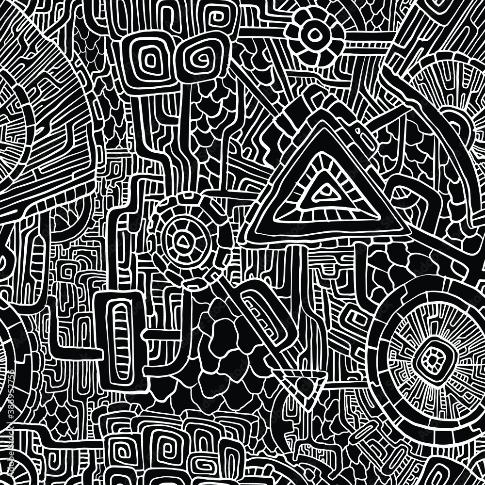 Psychedelic abstract seamless pattern. Black and white background. Vector illustration for surface design, print, poster, icon, web, graphic designs.