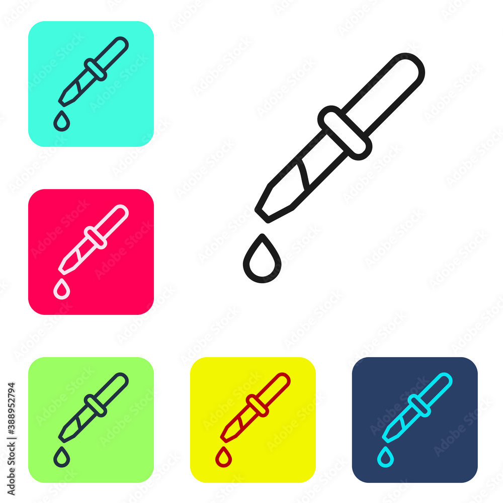 Black line Pipette icon isolated on white background. Element of medical, chemistry lab equipment. Pipette with drop. Medicine symbol. Set icons in color square buttons. Vector. Black line Pipette icon isolated on white background. Element of medical, chemistry lab equipment. Pipette with drop. Medicine symbol. Set icons in color square buttons. Vector.