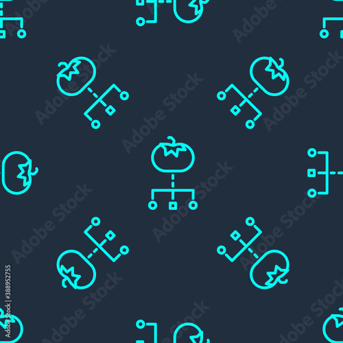 Green line Genetically modified food icon isolated seamless pattern on blue background. GMO fruit. Vector.
