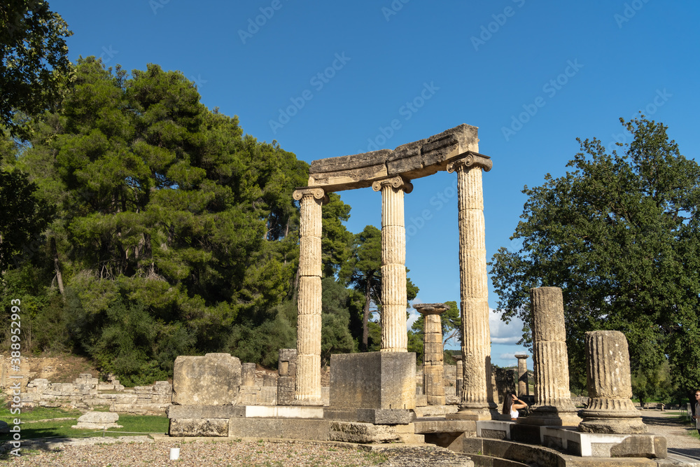 Ruins of the Philippeion in the archeological site of Olympia, Greece, a major Panhellenic religious sanctuary of ancient Greece, where the ancient Olympic Games were held.
