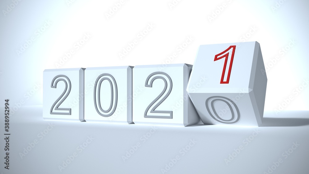 2021 white blocks New year change, turn. 2021 start and 2020. 3D rendering 2021 white blocks New year change, turn. 2021 start and 2020. 3D rendering