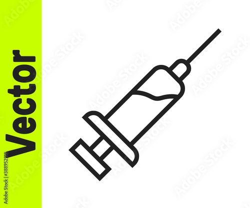 Black line Syringe with serum icon isolated on white background. Syringe for vaccine, vaccination, injection, flu shot. Medical equipment. Vector.