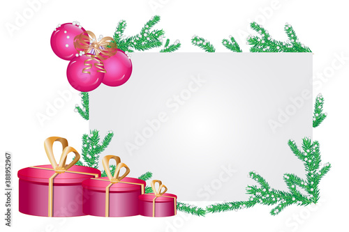 White christmas frame with presents. Holiday greeting card with copy space.Merry christmas and new year banner with square background with fir twigs, red balls and gift boxes.Stock vector illustration