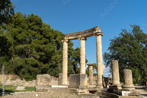 Ruins of the Philippeion in the archeological site of Olympia, Greece, a major Panhellenic religious sanctuary of ancient Greece, where the ancient Olympic Games were held.