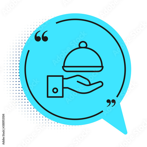 Black line Covered with a tray of food icon isolated on white background. Tray and lid sign. Restaurant cloche with lid. Blue speech bubble symbol. Vector.