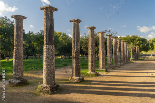 Ruins of the Palestra in the archeological site of Olympia, Greece, a major Panhellenic religious sanctuary of ancient Greece, where the ancient Olympic Games were held.