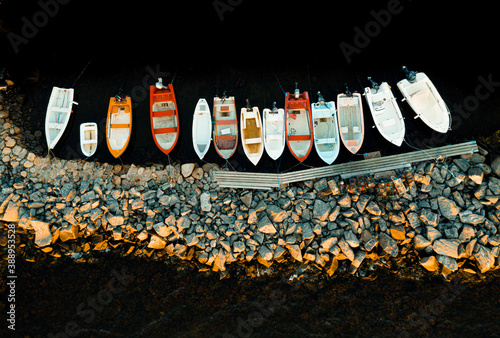 Aerial view of anchored boats at sunset, Hönö, Gothenburg archipelago, Sweden. photo