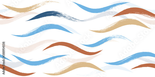 Seamless Wave Pattern, Hand drawn water sea modern vector background. Wavy beach brush stroke, curly grunge paint lines, watercolor illustration
