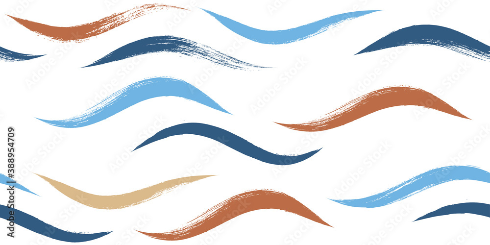 Seamless Wave Pattern, Hand drawn water sea modern vector background. Wavy beach brush stroke, curly grunge paint lines, watercolor illustration