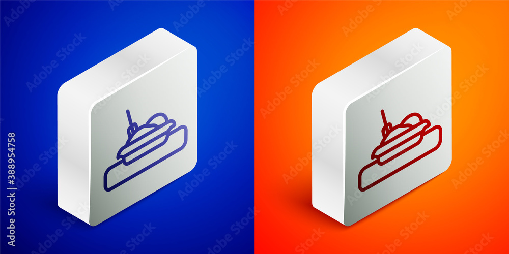 Isometric line Plate, fork and knife icon isolated on blue and orange background. Cutlery symbol. Restaurant sign. Silver square button. Vector. Isometric line Plate, fork and knife icon isolated on blue and orange background. Cutlery symbol. Restaurant sign. Silver square button. Vector.