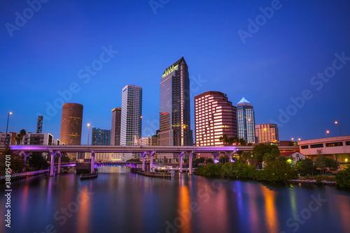 Tampa skyline after sunset with Hillsborough river in the foreground