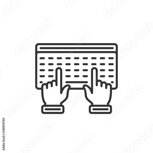 Hands typing on keyboard. Computer programming. Vector black icon.