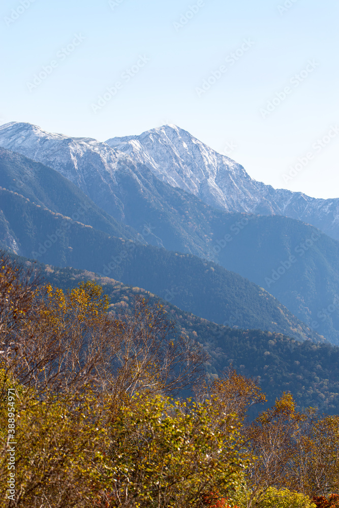 紅葉と聖岳　冠雪した南アルプス　しらびそ高原からの眺め