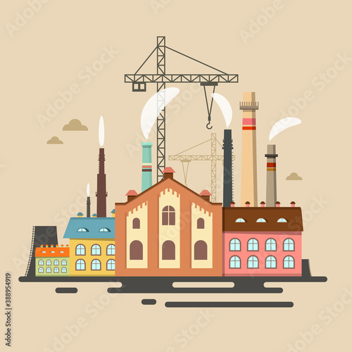 Old Factory with Stacks - Industrial Polution Vector Flat Design Cartoon