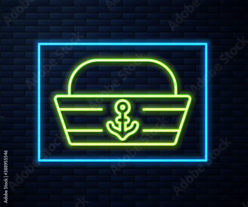 Glowing neon line Sailor hat icon isolated on brick wall background. Vector.