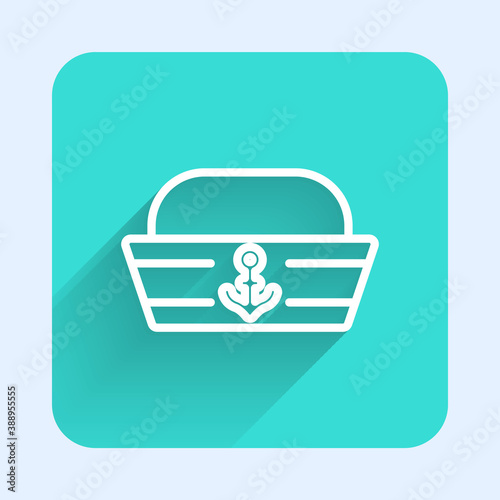 White line Sailor hat icon isolated with long shadow. Green square button. Vector.