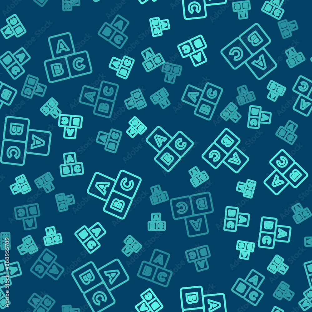 Green line ABC blocks icon isolated seamless pattern on blue background. Alphabet cubes with letters A,B,C. Vector. Green line ABC blocks icon isolated seamless pattern on blue background. Alphabet cubes with letters A,B,C. Vector.