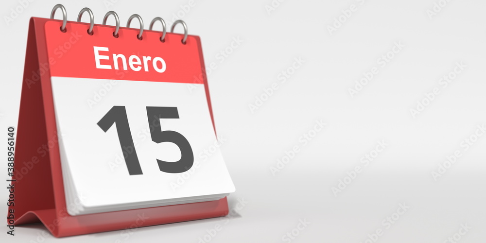 January 15 date written in Spanish on the flip calendar, 3d rendering January 15 date written in Spanish on the flip calendar, 3d rendering