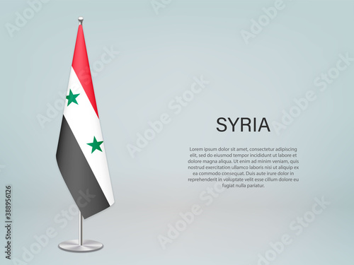 Syria hanging flag on stand. Template for politic conference banner