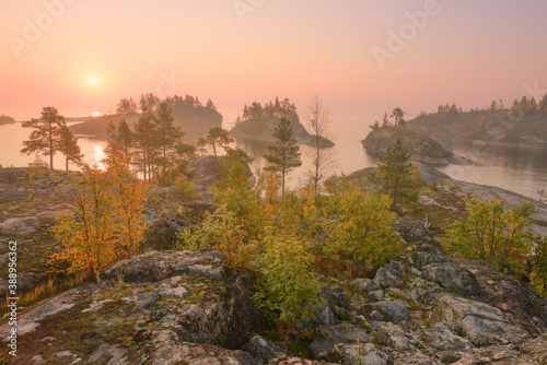 Solar fog on lake Ladoga, Republic of Karelia, Russia