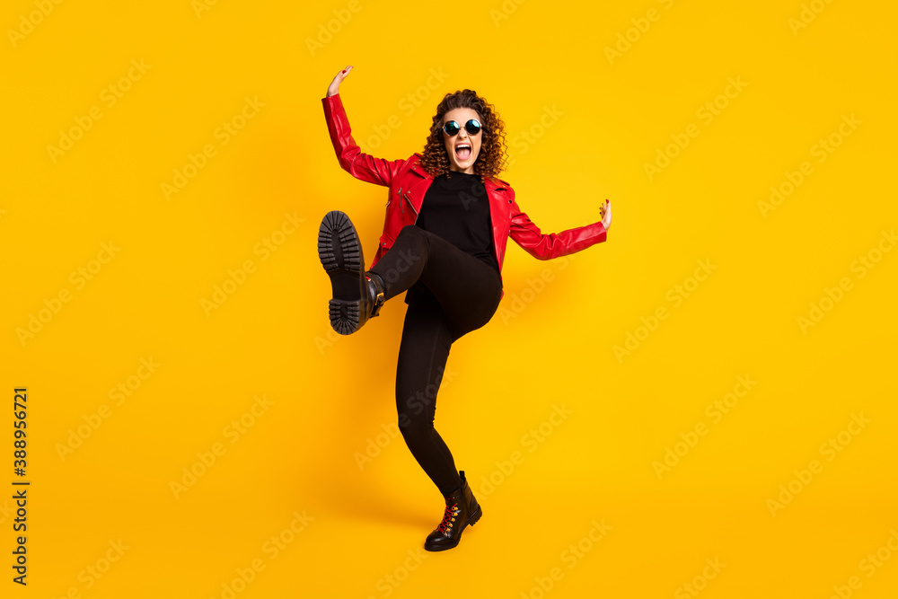 Full length photo of crazy funny girl raise leg isolated over bright shine color background