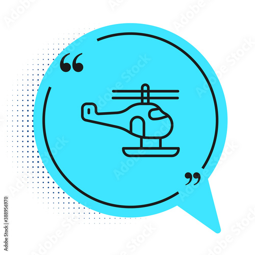 Black line Helicopter aircraft vehicle icon isolated on white background. Blue speech bubble symbol. Vector.