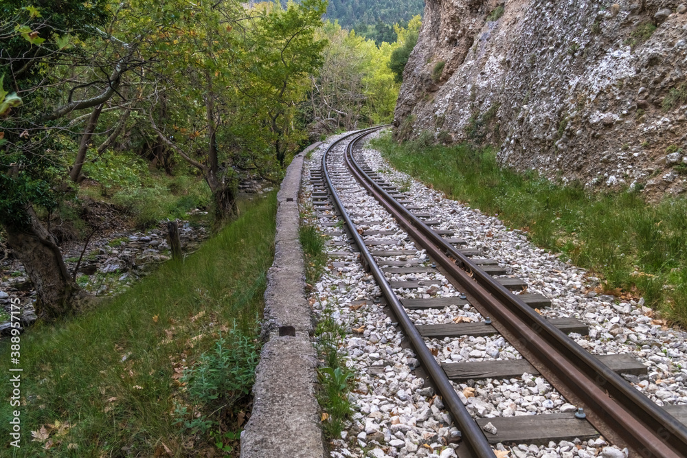 The Diakopto–Kalavryta railway, a historic  rack railway runnning 22 km from Diakopto through the Vouraikos Gorge to the old Mega Spilaion Monastery, Zachlorou and up to Kalavryta. Peloponnese, Greece