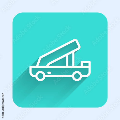White line Passenger ladder for plane boarding icon isolated with long shadow. Airport stair travel. Green square button. Vector.