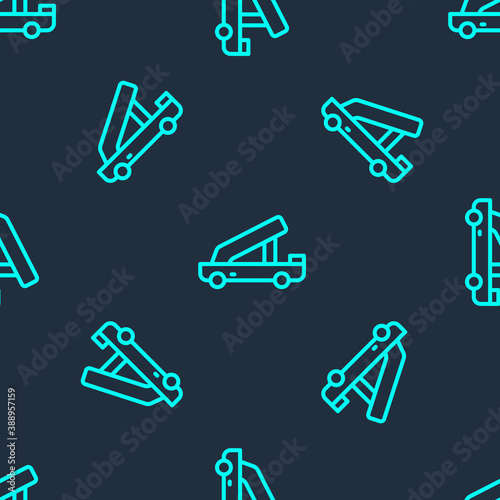 Green line Passenger ladder for plane boarding icon isolated seamless pattern on blue background. Airport stair travel. Vector.