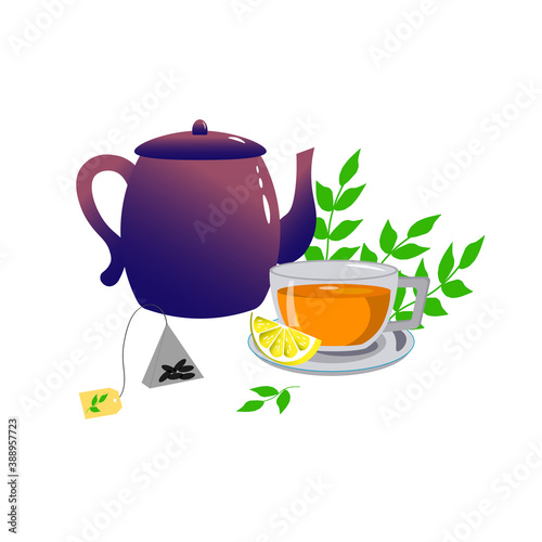 Teapot and a cup of tea. Celebration International Tea Day. Template for decor, congratulations, designs or logos. Vector illustration isolated on white background. 