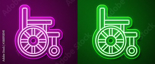Glowing neon line Wheelchair for disabled person icon isolated on purple and green background. Vector.