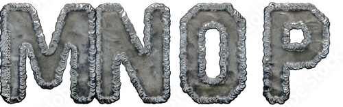 Set of capital letters M, N, O, P made of industrial metal isolated on white background. 3d