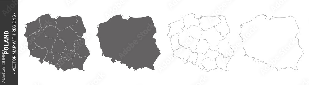 4 vector political maps of Poland with regions on white background	